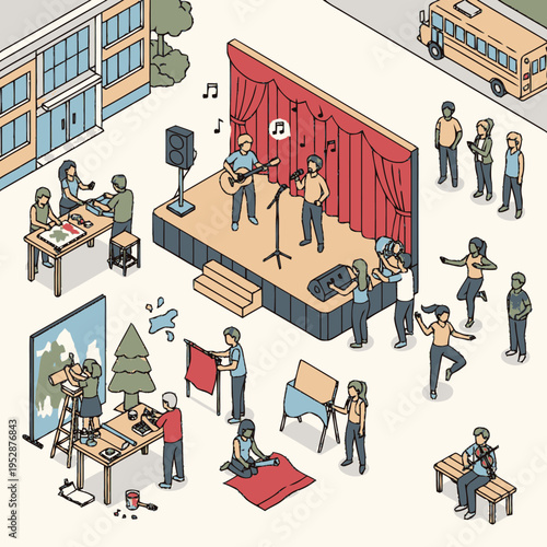 An outdoor community event featuring a live band performance on a stage, art displays, and various people engaging in creative activities.