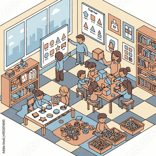 Children engaged in a vibrant kindergarten classroom, learning shapes and colors through interactive play and educational activities.