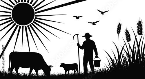 Black silhouette vector illustration of rural farming scene with farmer, cows, wheat field, sun rays, birds flying, agriculture, traditional lifestyle