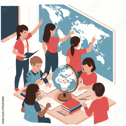 Children actively engaged in a geography lesson, pointing at a world map and using a globe and magnifying glass.