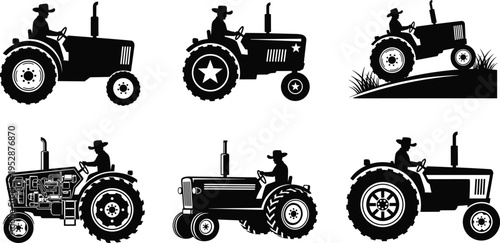 Black silhouette vector illustration of tractors with drivers, vintage and modern designs, mechanical details, rural farming equipment, agricultural machinery, technical artwork