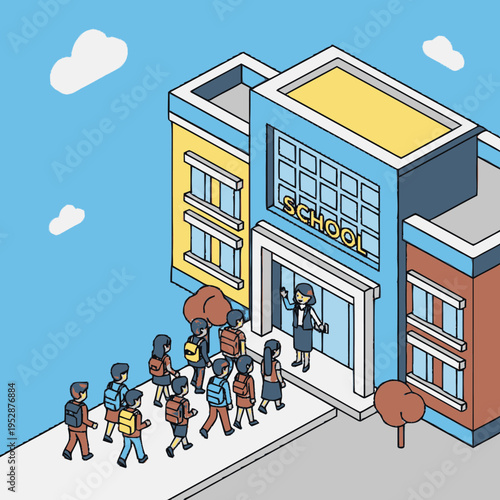 Children and teacher entering a colorful school building with clouds in the sky.