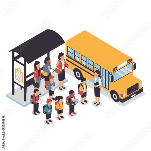Children and teachers gather at a bus stop and board a yellow school bus, illustrating the start of a school day.