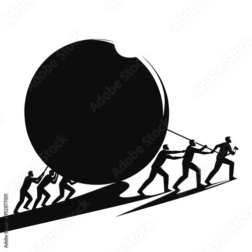 People pushing large sphere uphill in silhouettes