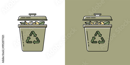 Eco-friendly recycling bin icon overflowing with organic waste, symbolizing sustainable waste management and environmental responsibility. Graphic for eco-conscious practices
