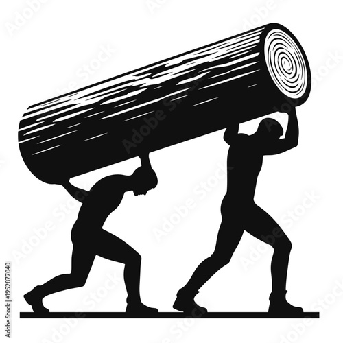 Two people carrying large log, teamwork illustration, black and white, strength symbol