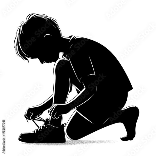 Child tying shoelaces while kneeling, black-and-white illustration