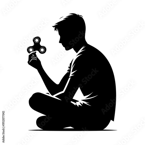 Boy using  fidget spinner black silhouette