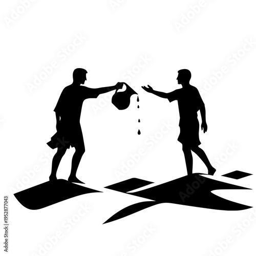 Two people sharing water bucket in desert silhouette
