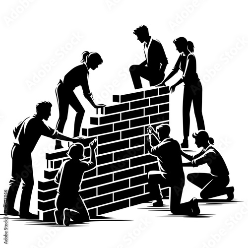 People collaboratively building brick wall together