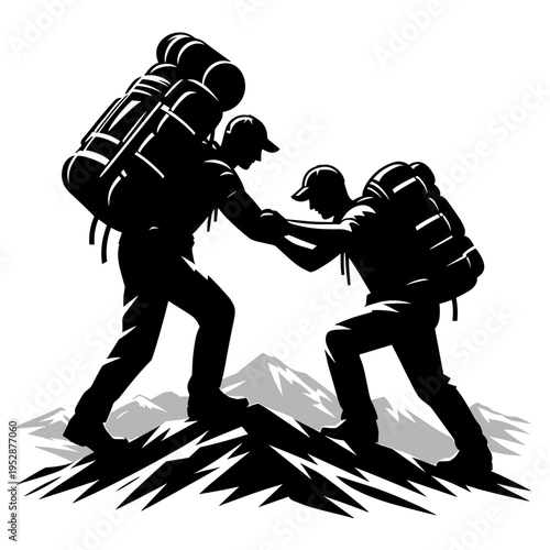 Hikers helping each other on mountainous terrain
