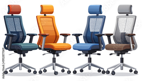 A collection of four modern ergonomic office chairs featuring mesh backs and adjustable headrests Vector