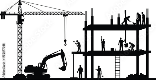 Construction site silhouette, multi-story building, workers with tools, tower crane, excavator, ladder, reinforcement bars, teamwork, 