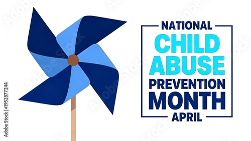 Blue pinwheel graphic symbolizing national child abuse prevention month observed annually in april to protect children and raise awareness.