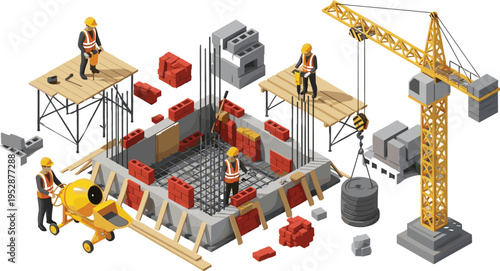 Construction site workers building reinforced concrete foundation with crane, bricks, cement mixer, teamwork, safety helmets, reflective vests 