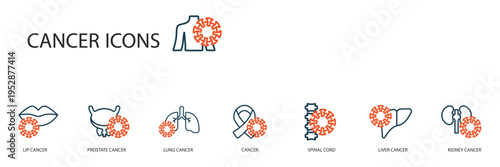 cancer icons set outline and Flat Style,transparent background