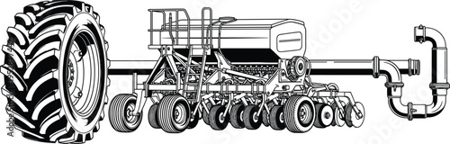 WebDetailed black and white vector illustration of agricultural seed drill planter machinery with tractor wheel assembly, disc openers, seed hopper, precision farming equipment