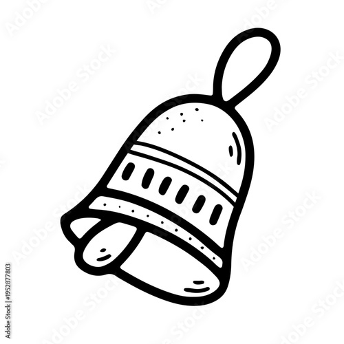 Doodle Christmas bell with ribbon. Hand drawn festive jingle bell isolated on white background. Outline winter holiday decor symbol. Vector illustration in cartoon style for Christmas, New Year design
