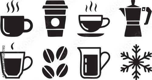 Black icons of coffee and winter elements on transparent background