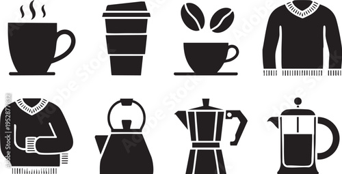 Black icons of coffee, winter wear and brewing tools on transparent background