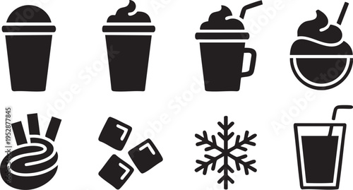 Black icons of cold drinks and snowflakes on transparent background