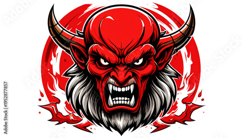 Fierce red devil character with large horns and a thick beard in a dynamic illustrative style Vector