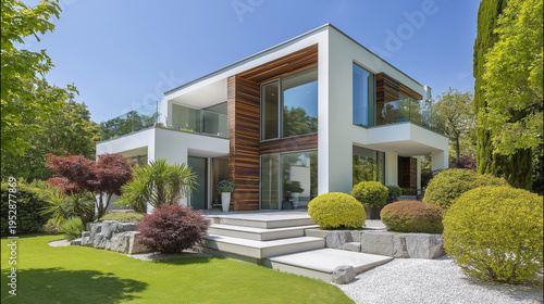 Modern Architectural Haven: This image unveils a luxurious contemporary residence, showcasing innovative design, expansive glass windows, and a beautifully landscaped garden.