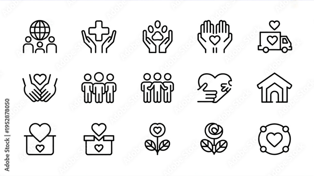 Fototapeta premium A collection of fifteen black and white line art icons representing charity and social welfare Vector