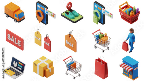 Set of fifteen colorful isometric 3d icons representing various aspects of online retail shopping Vector