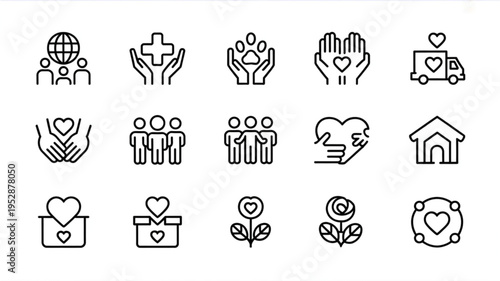 A collection of fifteen black and white line art icons representing charity and social welfare Vector