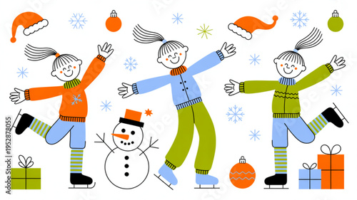 Three happy children ice skating with a snowman surrounded by festive christmas holiday elements Vector