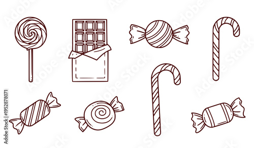 A minimalist line art illustration of various candies and chocolate on a white background