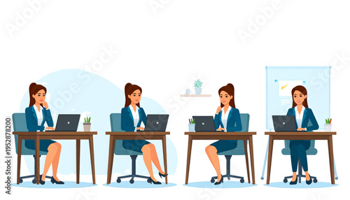 Professional business woman character working on a laptop at a desk in various office settings Vector