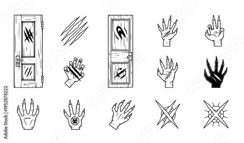 A collection of hand and door illustrations with various gestures and symbols in a minimalist line art style on a white background