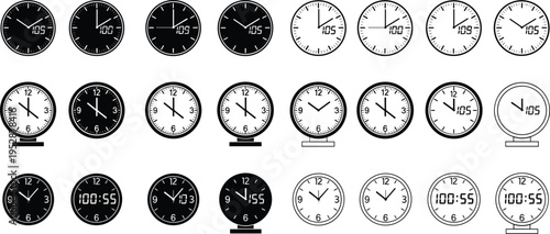 Clock icon set featuring analog and digital watch faces in black and white silhouette for time management, scheduling, and business.