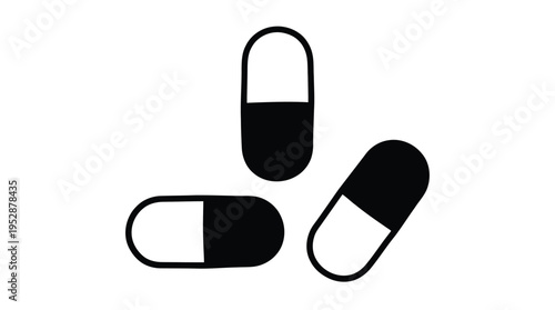 A simple illustration of three black and white capsules on a white background