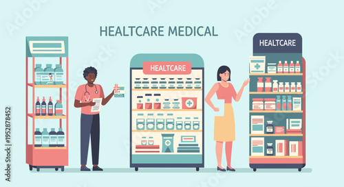 A brightly colored illustration of bottled products on a shelf, evoking a sense of retail and organization. Ideal for use in marketing materials or we