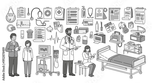 This illustration depicts a professional setting, ideal for representing business communications, consulting, or team reviews. The neutral tone lends 