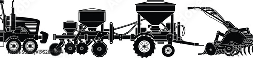 Modern agricultural machinery silhouette, tractor with planter, fertilizer hopper trailer, soil tillage implement, rotating blades, farming equipment, precision agriculture, 