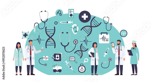 This colorful illustration depicts a group of healthcare professionals, conveying a sense of trust and competence. Ideal for representing medical serv