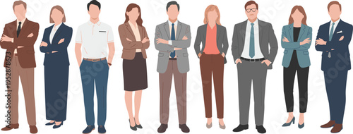 Illustration of diverse business professionals standing together in corporate attire, symbolizing teamwork, workplace collaboration, leadership, organizational unity, career
