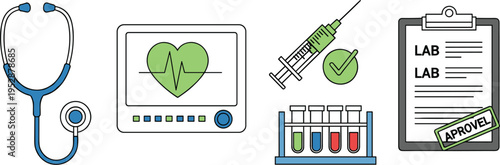 Medical healthcare and laboratory icon set including stethoscope monitor syringe test tubes report vector illustration colored isolated design collection