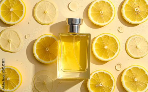 rodajas de limón con un envase de perfume importado sobre ellas. Estilo publicitario. Luz de estudio. Vista superior