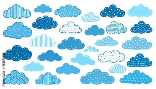 A collection of various blue decorative cloud shapes with different hand drawn artistic patterns Vector