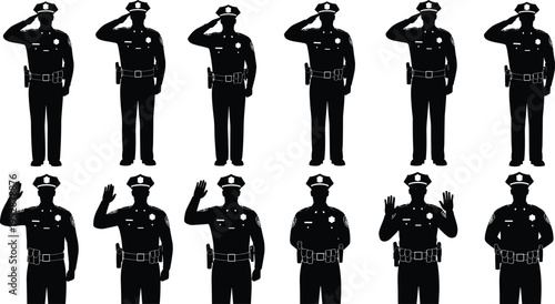 Police officer silhouette set with various poses including saluting hand signals standing and law enforcement security guard vector flat illustration