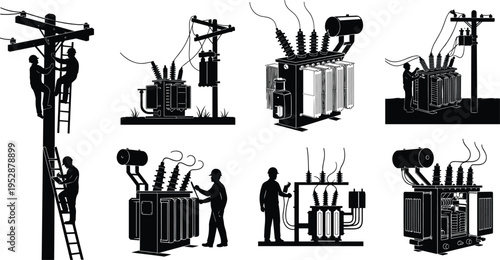 Detailed black and white silhouette collection of electrical utility workers and high voltage transformers maintaining power grid infrastructure isolated on a clean white background.