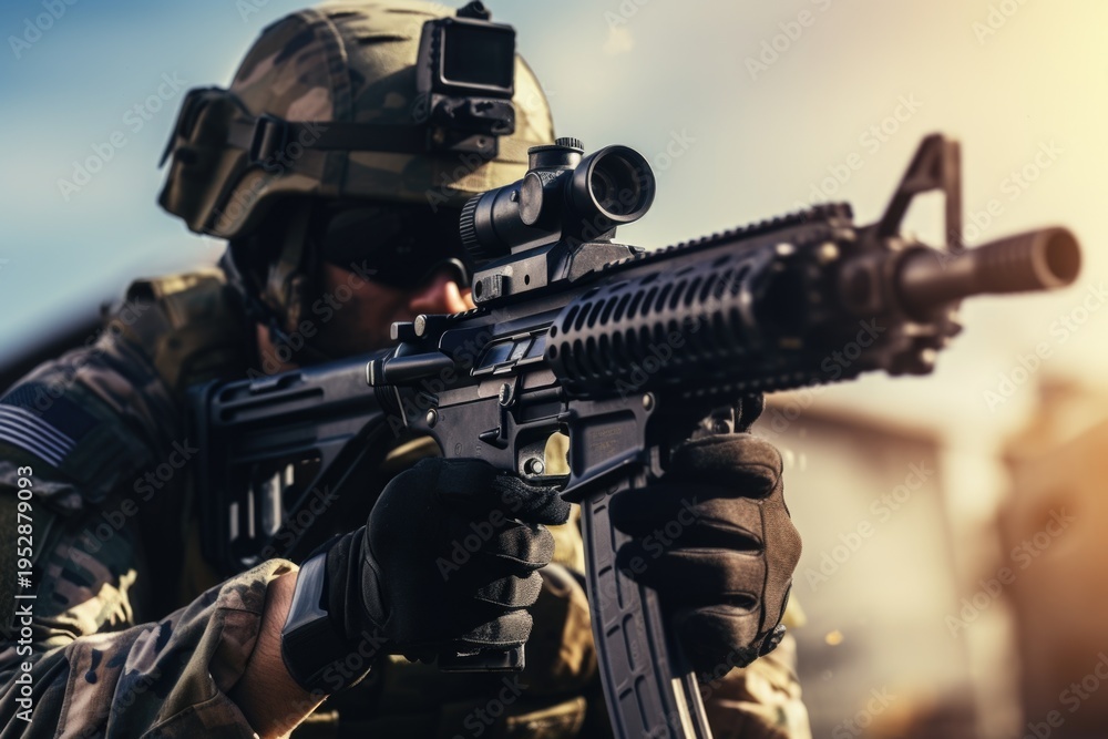 Fototapeta premium A powerful image of a soldier holding a gun. Perfect for military and warfare concepts
