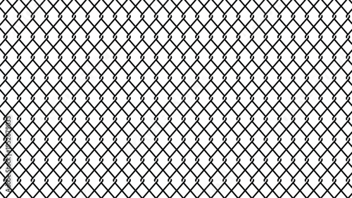 A close-up view of a black chain link fence on a white background