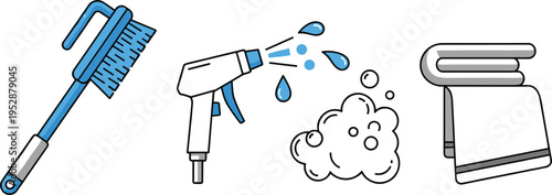 Cleaning tools and equipment icon set including brush spray foam towel vector illustration colored isolated hygiene housekeeping design collection