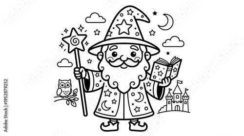 Wizard with magic wand and book.